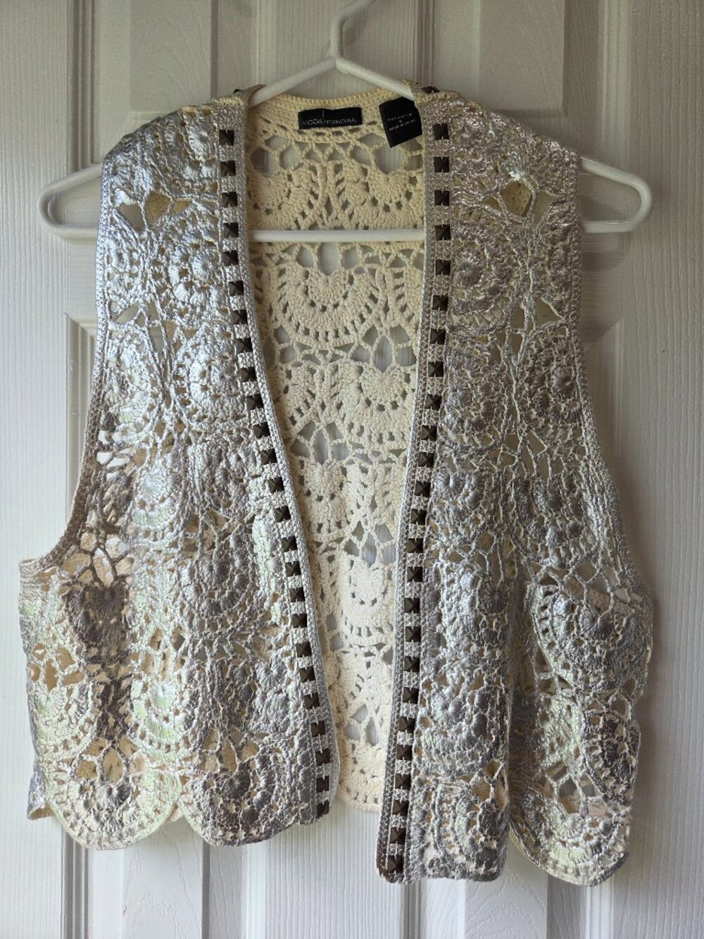 Moda International Silver Bronze Studded Crochet Lace Vest Woman's Size Large